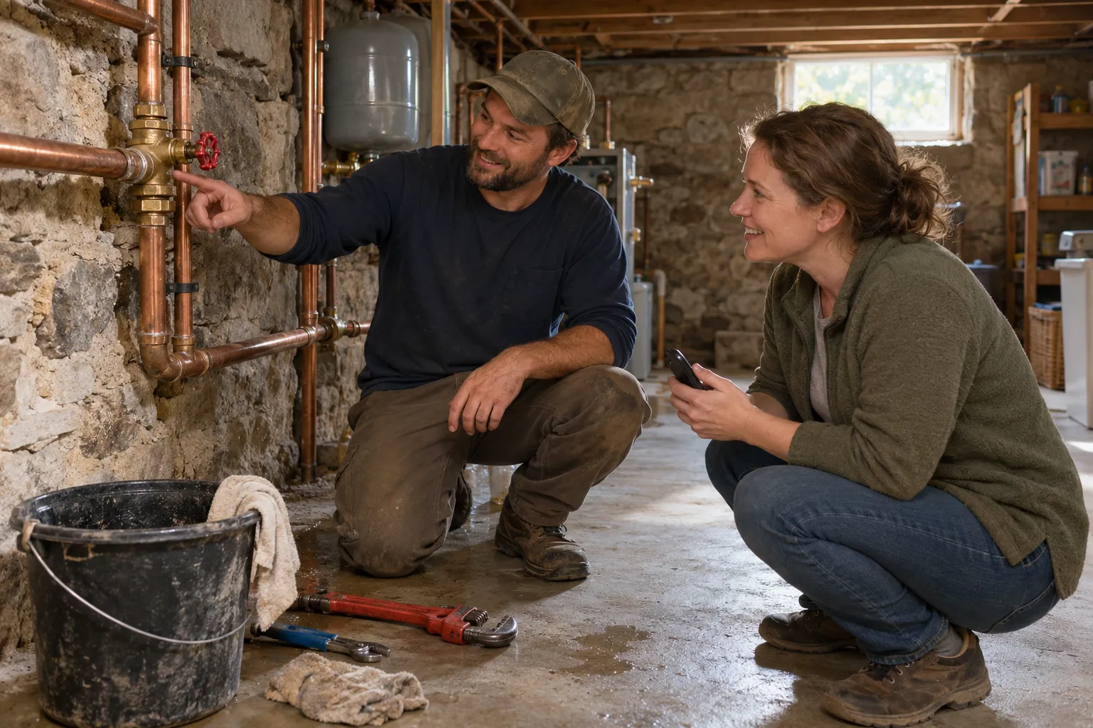 Friendly local plumber kneeling beside a homeowner in a Quogue basement, checking an exposed pipe near the main water shutoff