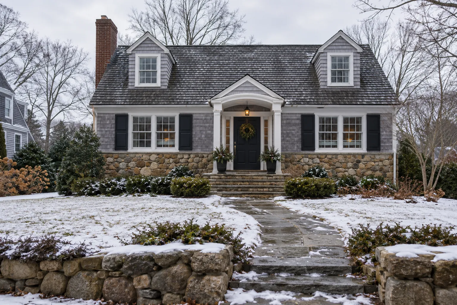 Older New England style home with stone foundation in Quogue after winter