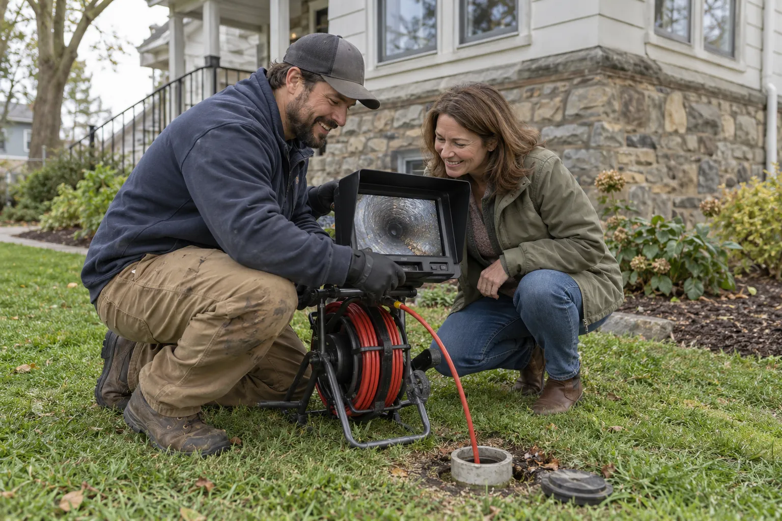 Friendly plumbing provider showing a homeowner a camera inspection screen near a yard in Quogue